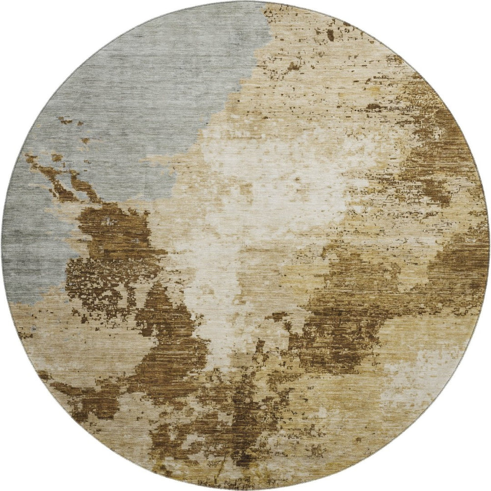 HomeRoots 8' Brown Beige and Gray Abstract Round Area Rug - Washable, Stain-Resistant, UV Protected Design 696149