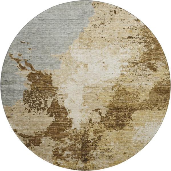 HomeRoots 8' Brown Beige and Gray Abstract Round Area Rug - Washable, Stain-Resistant, UV Protected Design 696149