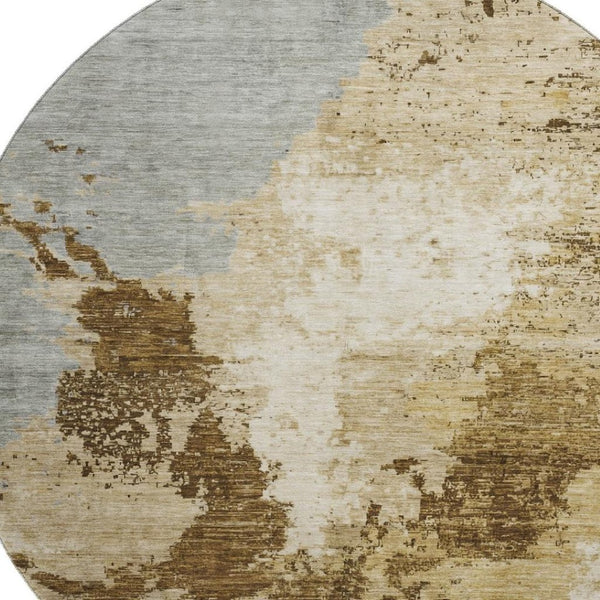 HomeRoots 8' Brown Beige and Gray Abstract Round Area Rug - Washable, Stain-Resistant, UV Protected Design 696149