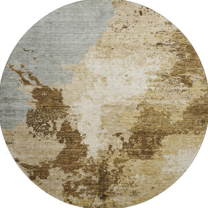 HomeRoots 8' Brown Beige and Gray Abstract Round Area Rug - Washable, Stain-Resistant, UV Protected Design 696149