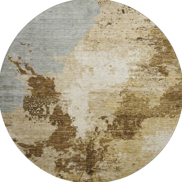 HomeRoots 8' Brown Beige and Gray Abstract Round Area Rug - Washable, Stain-Resistant, UV Protected Design 696149