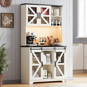 English Elm Pantry Hutch with Fluted Mdf Panels Charging Station Pegboard and Open Shelving T3773P416037