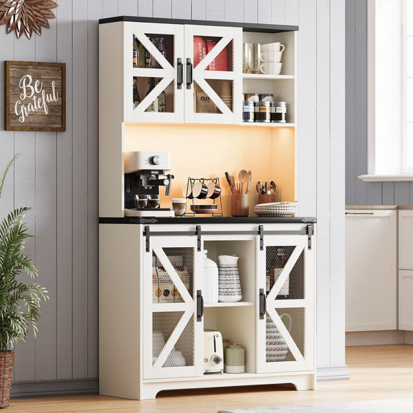 English Elm Pantry Hutch with Fluted Mdf Panels Charging Station Pegboard and Open Shelving T3773P416037