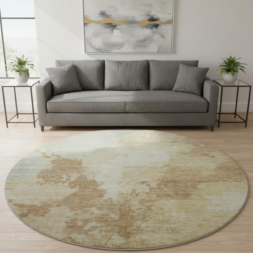HomeRoots 8' Coral Ivory and Beige Abstract Round Rug – Washable, UV-Protected, and Perfect for High-Traffic Areas! 696155
