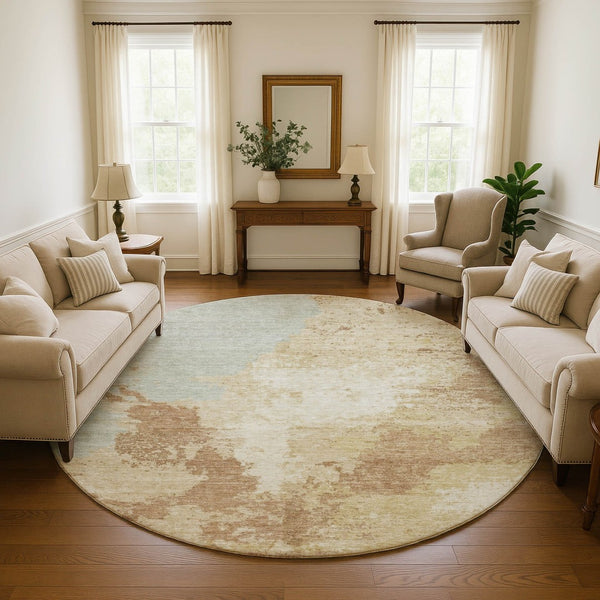 HomeRoots 8' Coral Ivory and Beige Abstract Round Rug – Washable, UV-Protected, and Perfect for High-Traffic Areas! 696155