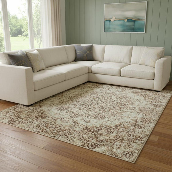 HomeRoots 8' X 10' Coral Ivory Beige Abstract Washable Area Rug - Durable, Stain Resistant, UV Protected Design 696156