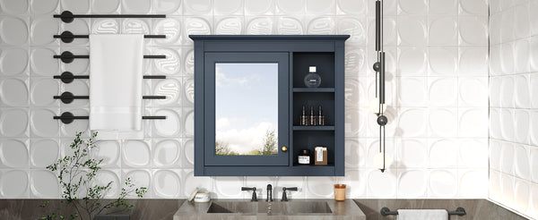 English Elm 30'' Modern Medicine Cabinet Wall Mirror with Hidden Storage and Adjustable Open Shelves for Bath Blue WF318452AAC