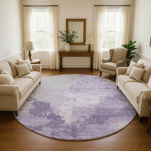HomeRoots 8' Plum and Lavender Abstract Round Rug - Washable, UV Protected, Perfect for High-Traffic Areas 696161