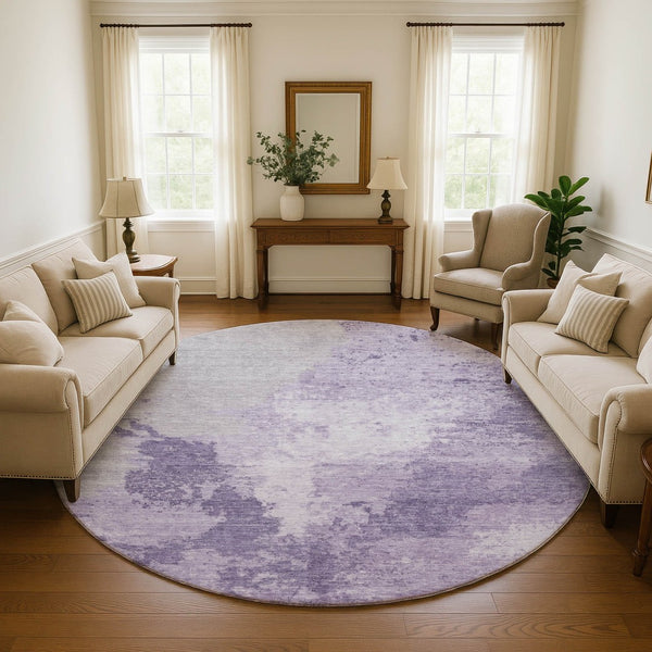 HomeRoots 8' Plum and Lavender Abstract Round Rug - Washable, UV Protected, Perfect for High-Traffic Areas 696161