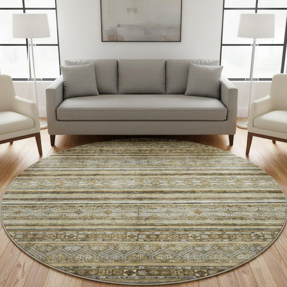 HomeRoots 8' Brown Beige and Gray Striped Washable Round Rug - UV Protected, Durable, Stylish for All Spaces 696167