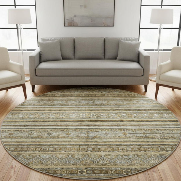 HomeRoots 8' Brown Beige and Gray Striped Washable Round Rug - UV Protected, Durable, Stylish for All Spaces 696167