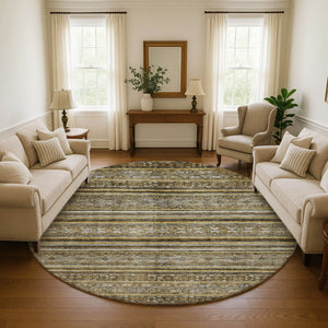 HomeRoots 8' Brown Beige and Gray Striped Washable Round Rug - UV Protected, Durable, Stylish for All Spaces 696167