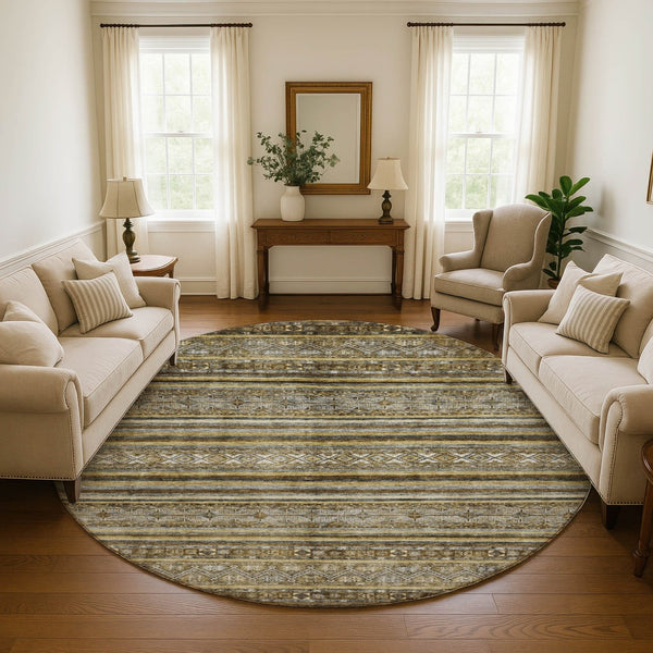 HomeRoots 8' Brown Beige and Gray Striped Washable Round Rug - UV Protected, Durable, Stylish for All Spaces 696167