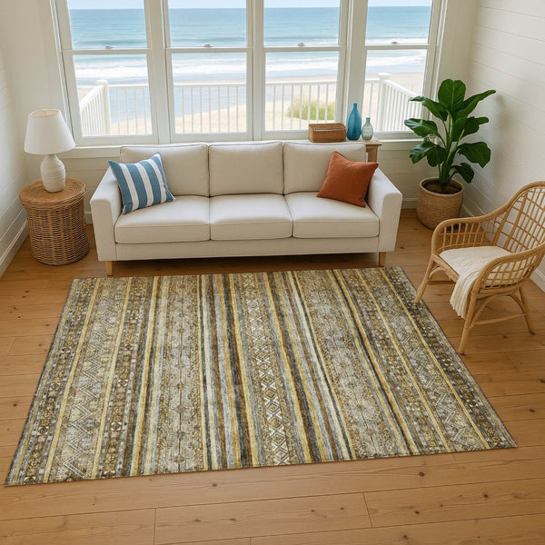 HomeRoots 8' X 10' Striped Washable Area Rug - Durable, UV-Protected, Stylish Design for Homes with Kids & Pets 696168