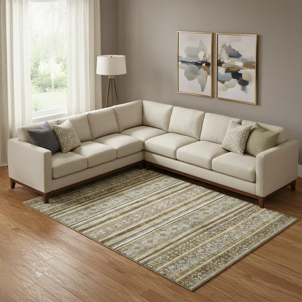 HomeRoots 10' Brown Beige Gray Striped Washable Area Rug - UV Protected, Soft, Durable & Stain Resistant Design 696170