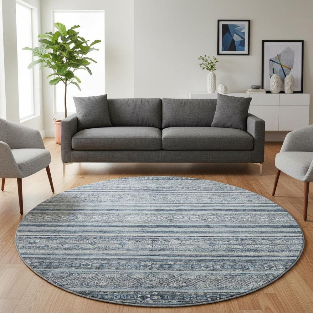 HomeRoots 8' Coastal-Inspired Blue and Gray Striped Washable Round Rug with UV Protection for Any Space 696173