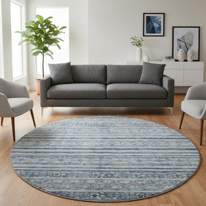 HomeRoots 8' Coastal-Inspired Blue and Gray Striped Washable Round Rug with UV Protection for Any Space 696173