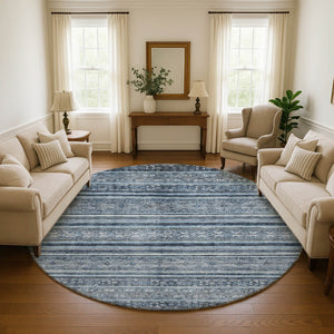 HomeRoots 8' Coastal-Inspired Blue and Gray Striped Washable Round Rug with UV Protection for Any Space 696173