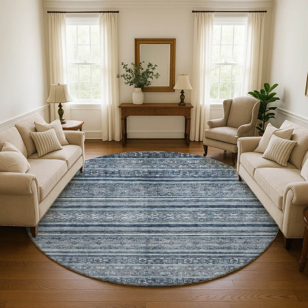 HomeRoots 8' Coastal-Inspired Blue and Gray Striped Washable Round Rug with UV Protection for Any Space 696173