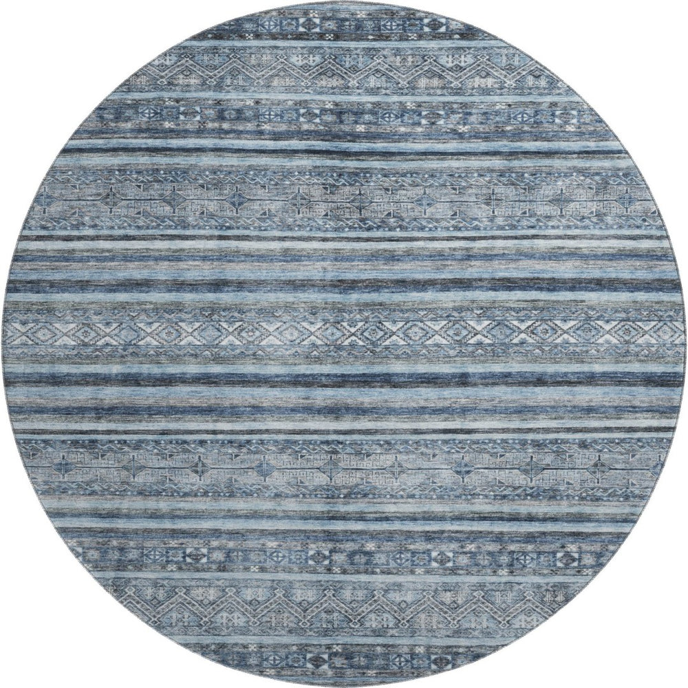 HomeRoots 8' Coastal-Inspired Blue and Gray Striped Washable Round Rug with UV Protection for Any Space 696173