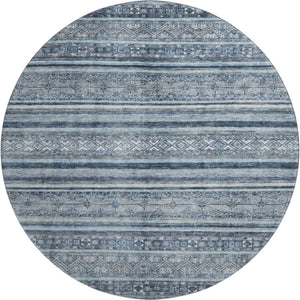 HomeRoots 8' Coastal-Inspired Blue and Gray Striped Washable Round Rug with UV Protection for Any Space 696173