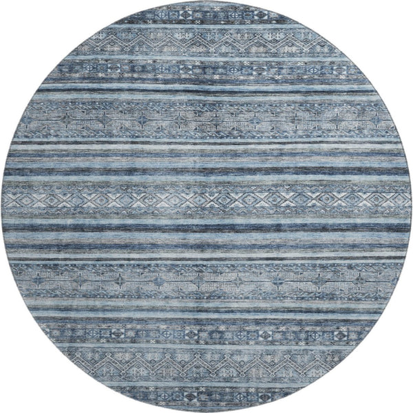 HomeRoots 8' Coastal-Inspired Blue and Gray Striped Washable Round Rug with UV Protection for Any Space 696173