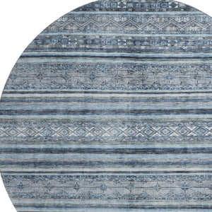 HomeRoots 8' Coastal-Inspired Blue and Gray Striped Washable Round Rug with UV Protection for Any Space 696173