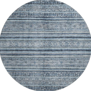 HomeRoots 8' Coastal-Inspired Blue and Gray Striped Washable Round Rug with UV Protection for Any Space 696173