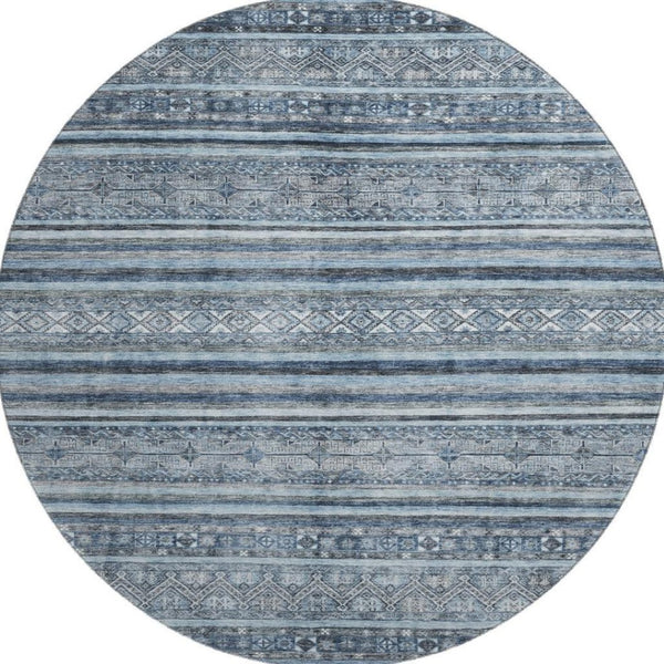 HomeRoots 8' Coastal-Inspired Blue and Gray Striped Washable Round Rug with UV Protection for Any Space 696173