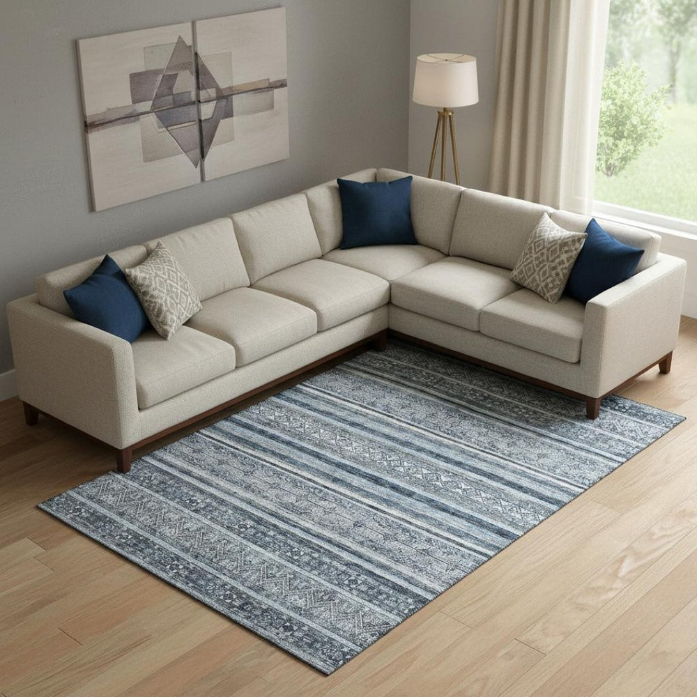 HomeRoots 9' X 12' Striped Blue and Gray Washable Area Rug with UV Protection - Perfect for Busy Homes! 696175