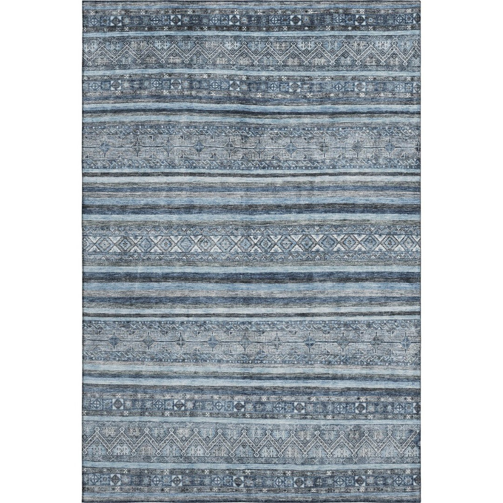 HomeRoots 9' X 12' Striped Blue and Gray Washable Area Rug with UV Protection - Perfect for Busy Homes! 696175