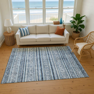 HomeRoots 9' X 12' Striped Blue and Gray Washable Area Rug with UV Protection - Perfect for Busy Homes! 696175
