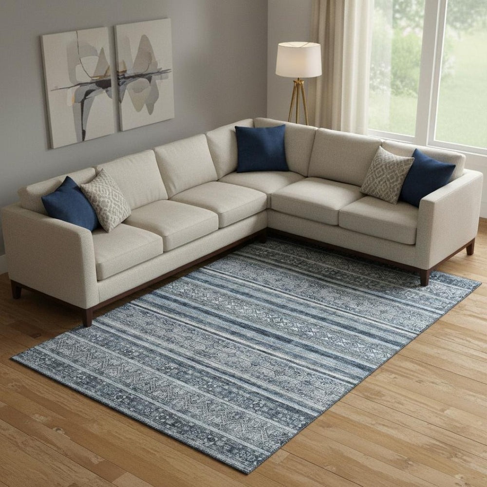 HomeRoots 10' Blue and Gray Striped Washable Area Rug with UV Protection - Stain Resistant, Non-Slip Design 696176