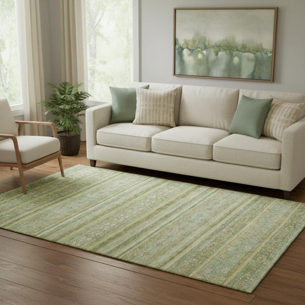 HomeRoots 5' X 8' Stylish Green Gold Beige Striped Washable Area Rug with UV Protection & Non-Slip Backing 696178