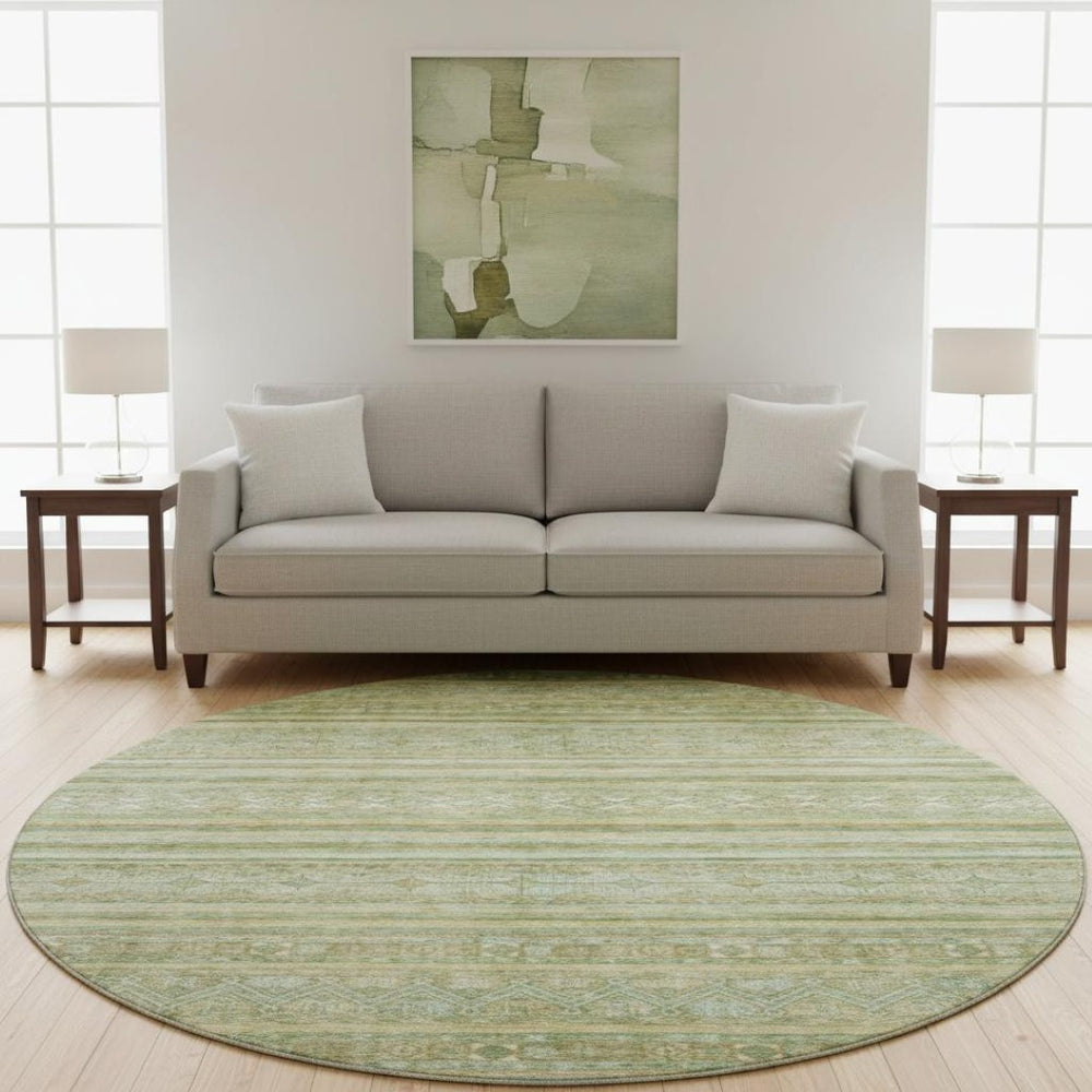 HomeRoots 8' Striped Round Rug in Green, Gold & Beige – Washable, UV-Protected, Non-Slip for Living Spaces 696179