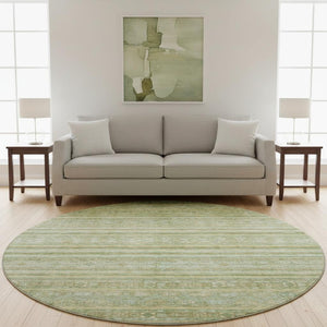 HomeRoots 8' Striped Round Rug in Green, Gold & Beige – Washable, UV-Protected, Non-Slip for Living Spaces 696179