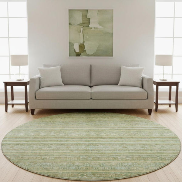 HomeRoots 8' Striped Round Rug in Green, Gold & Beige – Washable, UV-Protected, Non-Slip for Living Spaces 696179