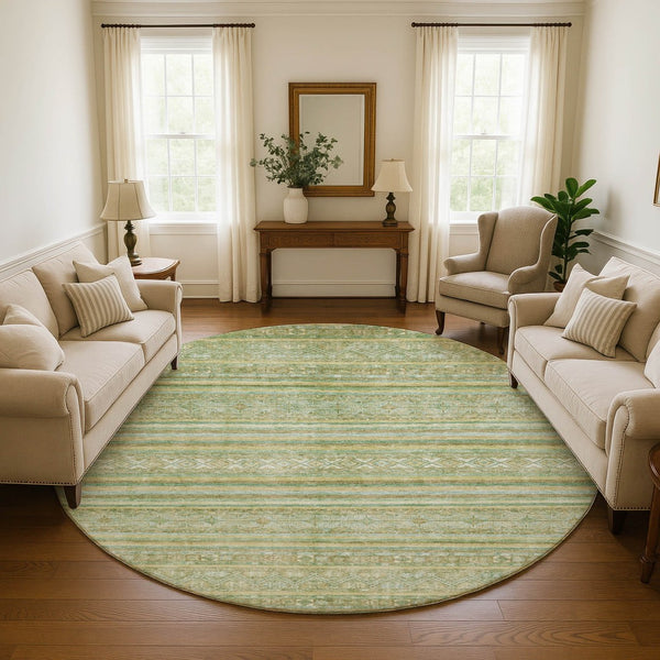HomeRoots 8' Striped Round Rug in Green, Gold & Beige – Washable, UV-Protected, Non-Slip for Living Spaces 696179