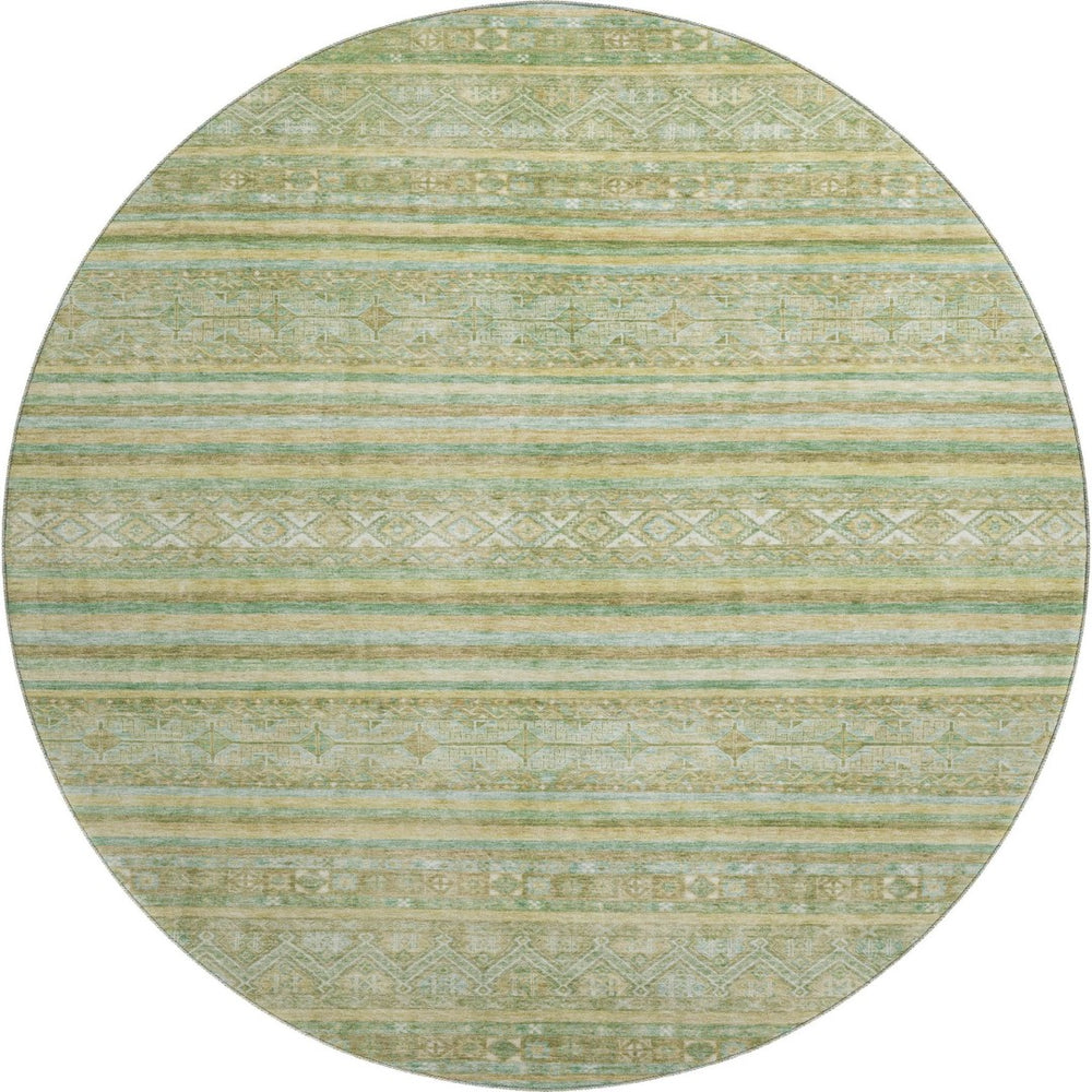 HomeRoots 8' Striped Round Rug in Green, Gold & Beige – Washable, UV-Protected, Non-Slip for Living Spaces 696179