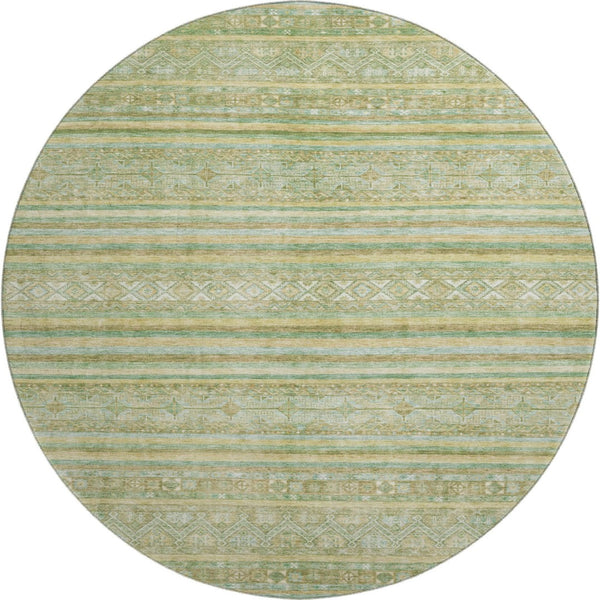 HomeRoots 8' Striped Round Rug in Green, Gold & Beige – Washable, UV-Protected, Non-Slip for Living Spaces 696179
