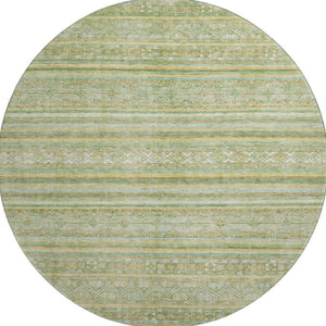 HomeRoots 8' Striped Round Rug in Green, Gold & Beige – Washable, UV-Protected, Non-Slip for Living Spaces 696179