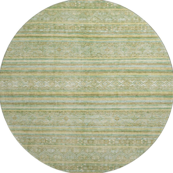 HomeRoots 8' Striped Round Rug in Green, Gold & Beige – Washable, UV-Protected, Non-Slip for Living Spaces 696179