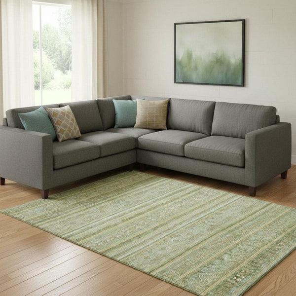 HomeRoots 8' X 10' Stylish Green Gold Beige Striped Washable Area Rug with UV Protection for High Traffic Use 696180