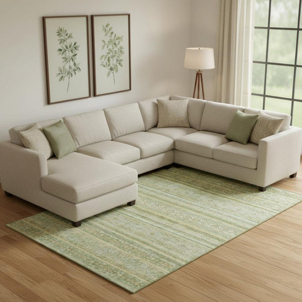 HomeRoots 9' X 12' Green Gold Beige Striped Washable Area Rug - Stain Resistant, UV Protected & Non-Slip! 696181