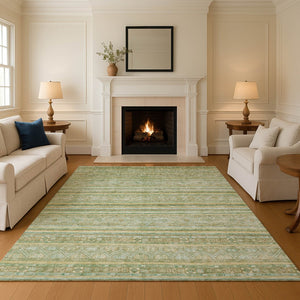 HomeRoots 9' X 12' Green Gold Beige Striped Washable Area Rug - Stain Resistant, UV Protected & Non-Slip! 696181