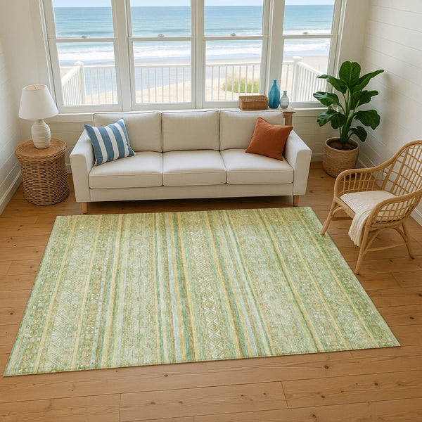 HomeRoots 9' X 12' Green Gold Beige Striped Washable Area Rug - Stain Resistant, UV Protected & Non-Slip! 696181