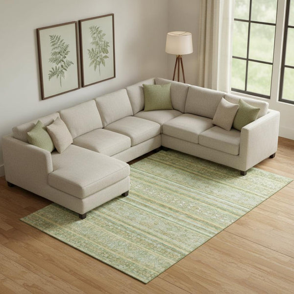 HomeRoots 10' X 14' Stylish Green, Gold & Beige Striped Washable Area Rug with UV Protection for Any Room 696182