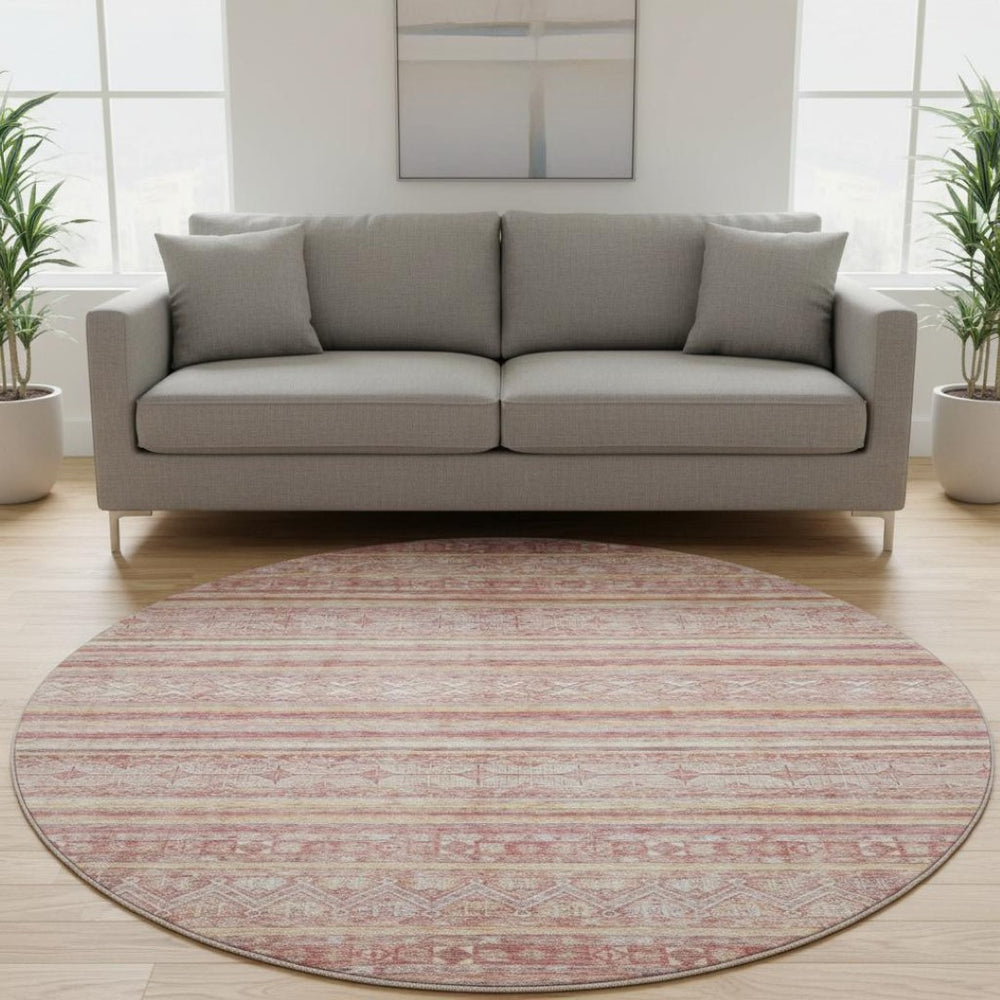 HomeRoots 8' Striped Washable Round Rug in Rust, Coral & Wheat - Durable, UV Protected, Non-Slip Design! 696185