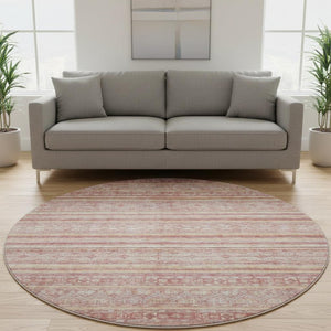 HomeRoots 8' Striped Washable Round Rug in Rust, Coral & Wheat - Durable, UV Protected, Non-Slip Design! 696185