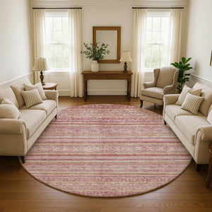 HomeRoots 8' Striped Washable Round Rug in Rust, Coral & Wheat - Durable, UV Protected, Non-Slip Design! 696185
